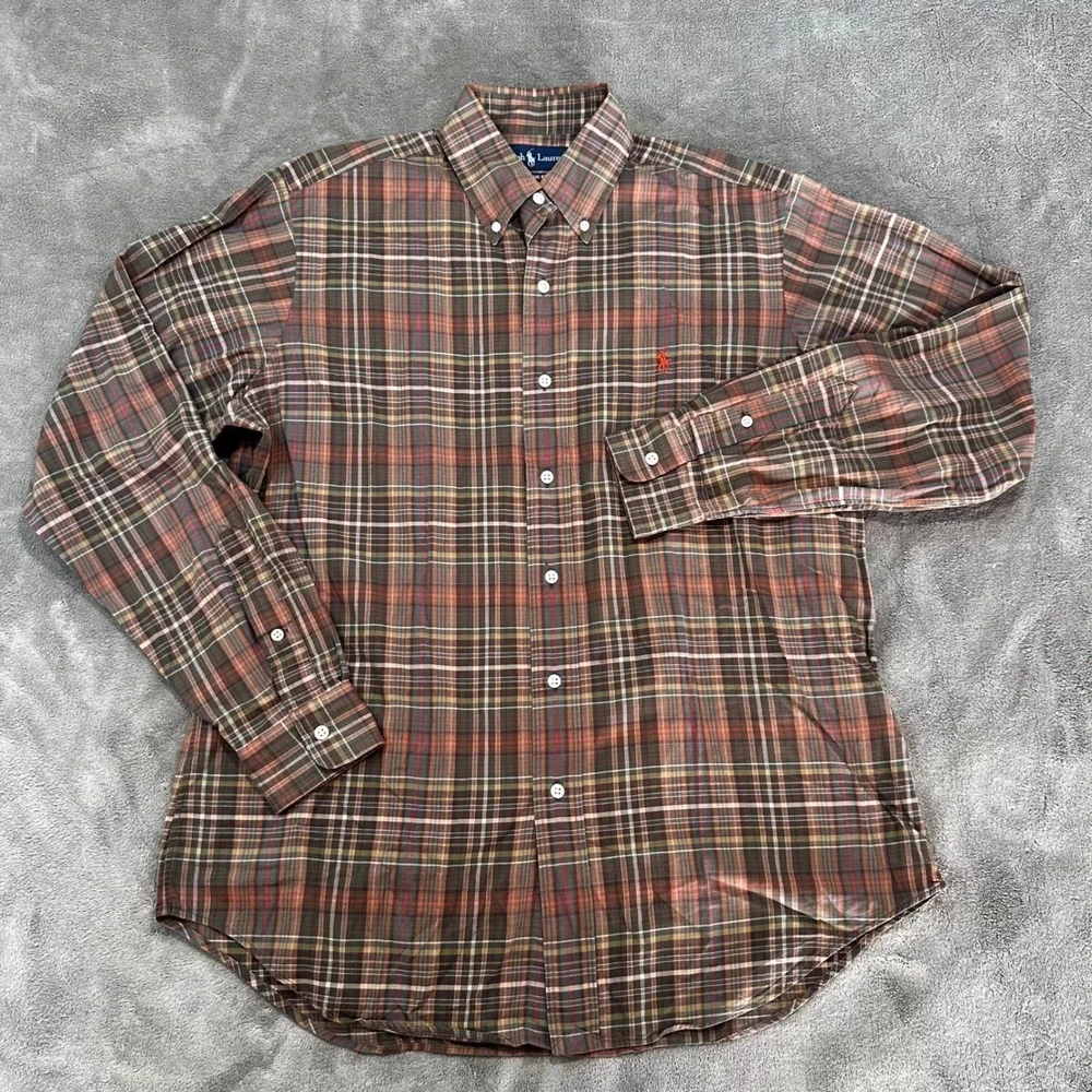 Polo Ralph Lauren Mens Classic Fit Plaid Button Down Shirt Brown Olive Medium